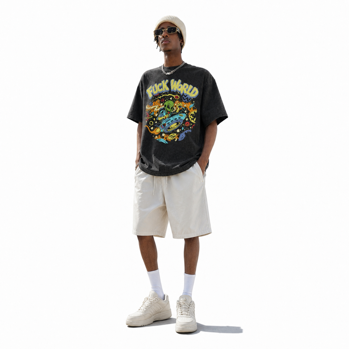 LAWLESSROW Alien UFO Space Fuck World Cartoon Vintage Tee