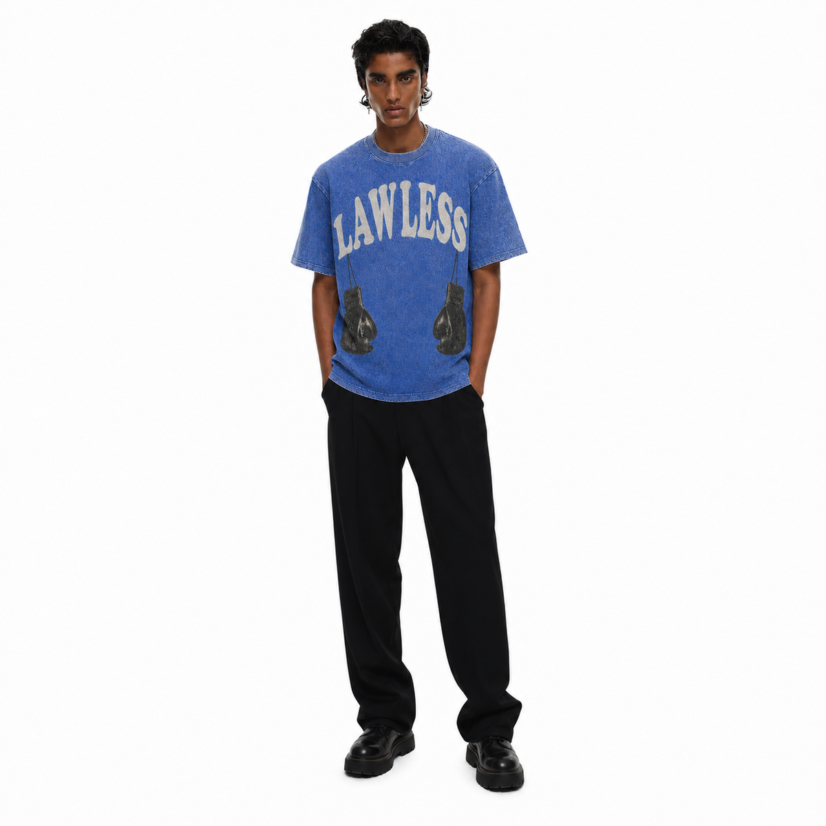 LAWLESSROW Vintage Hanging Black Boxing Gloves Retro Blue Acid Wash Tee