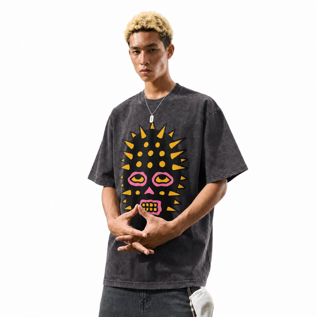 LAWLESSROW Spiked Balaclava Mask Bold Cartoon Graffiti Vintage Washed Tee