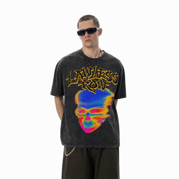 LAWLESSROW Thermal Heatmap Skull Brand Thrash Font Vintage Washed Tee - hover