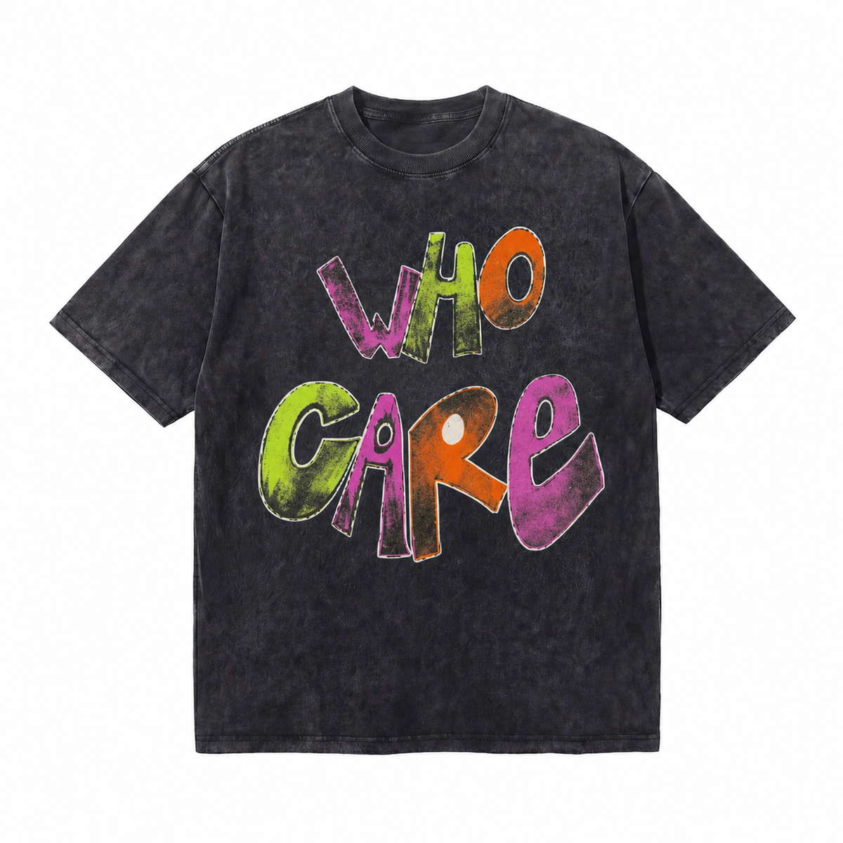 LAWLESSROW Who Care Retro Bubble Letter Vintage Washed Tee