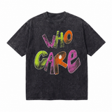 LAWLESSROW Who Care Retro Bubble Letter Vintage Washed Tee