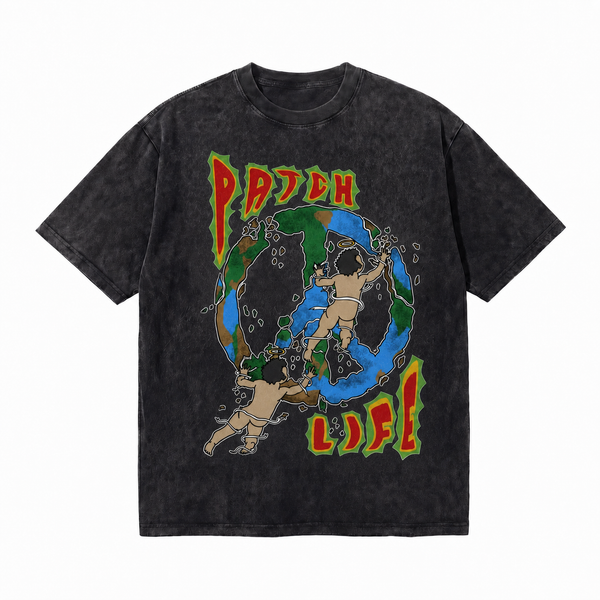 LAWLESSROW Patch Life Angel Peace Sign Earth Vintage Washed Tee