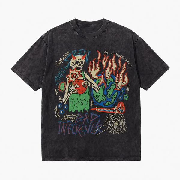 LAWLESSROW Bad Influence Devil Skeleton Earth Vintage Washed Tee