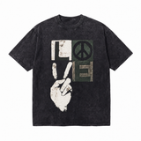 LAWLESSROW Peace Sign Victory Hand Vintage Block Print Washed Tee