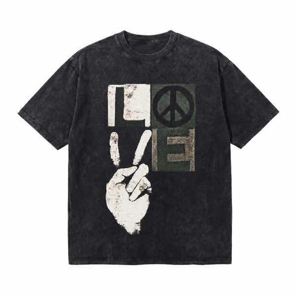 LAWLESSROW Peace Sign Victory Hand Vintage Block Print Washed Tee