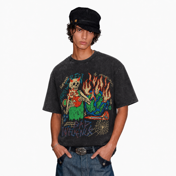 LAWLESSROW Bad Influence Devil Skeleton Earth Vintage Washed Tee - hover