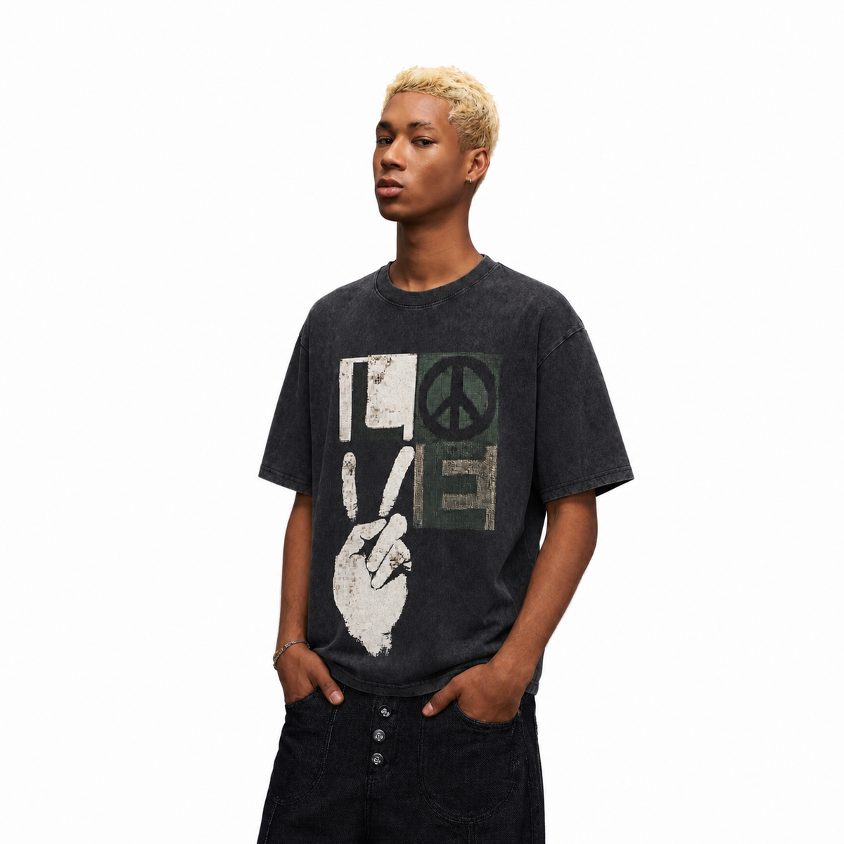 LAWLESSROW Peace Sign Victory Hand Vintage Block Print Washed Tee
