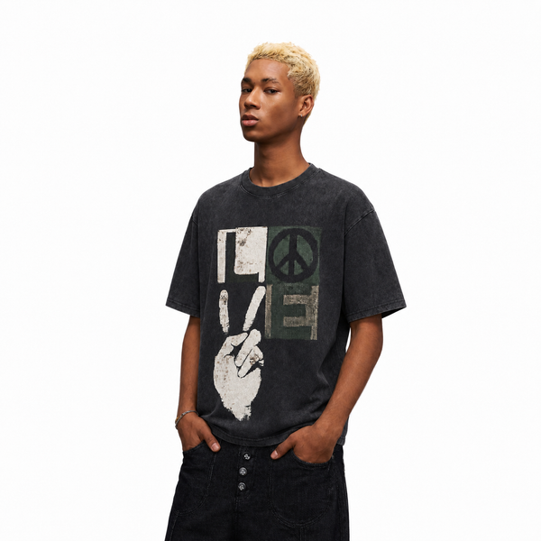LAWLESSROW Peace Sign Victory Hand Vintage Block Print Washed Tee - hover