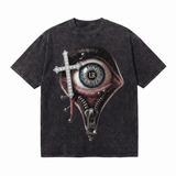 LAWLESSROW Eye Cross Zipper Vintage Acid Wash Tee