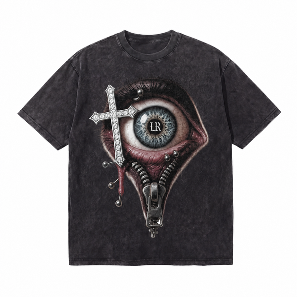 LAWLESSROW Eye Cross Zipper Vintage Acid Wash Tee