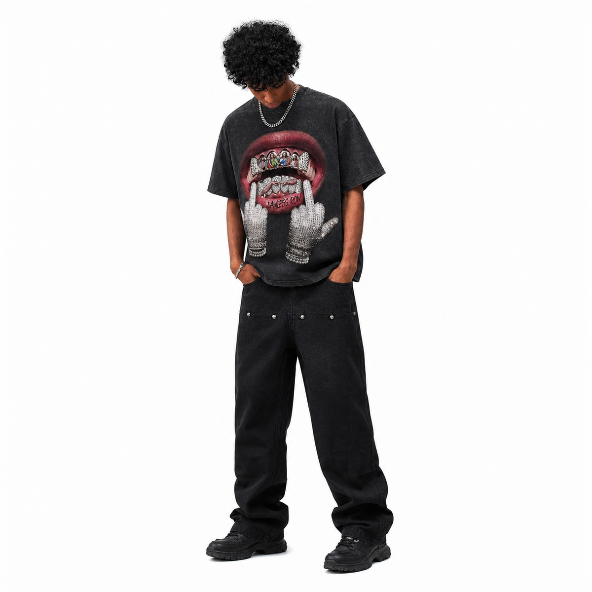LAWLESSROW Grillz Hands Vintage Acid Wash Tee