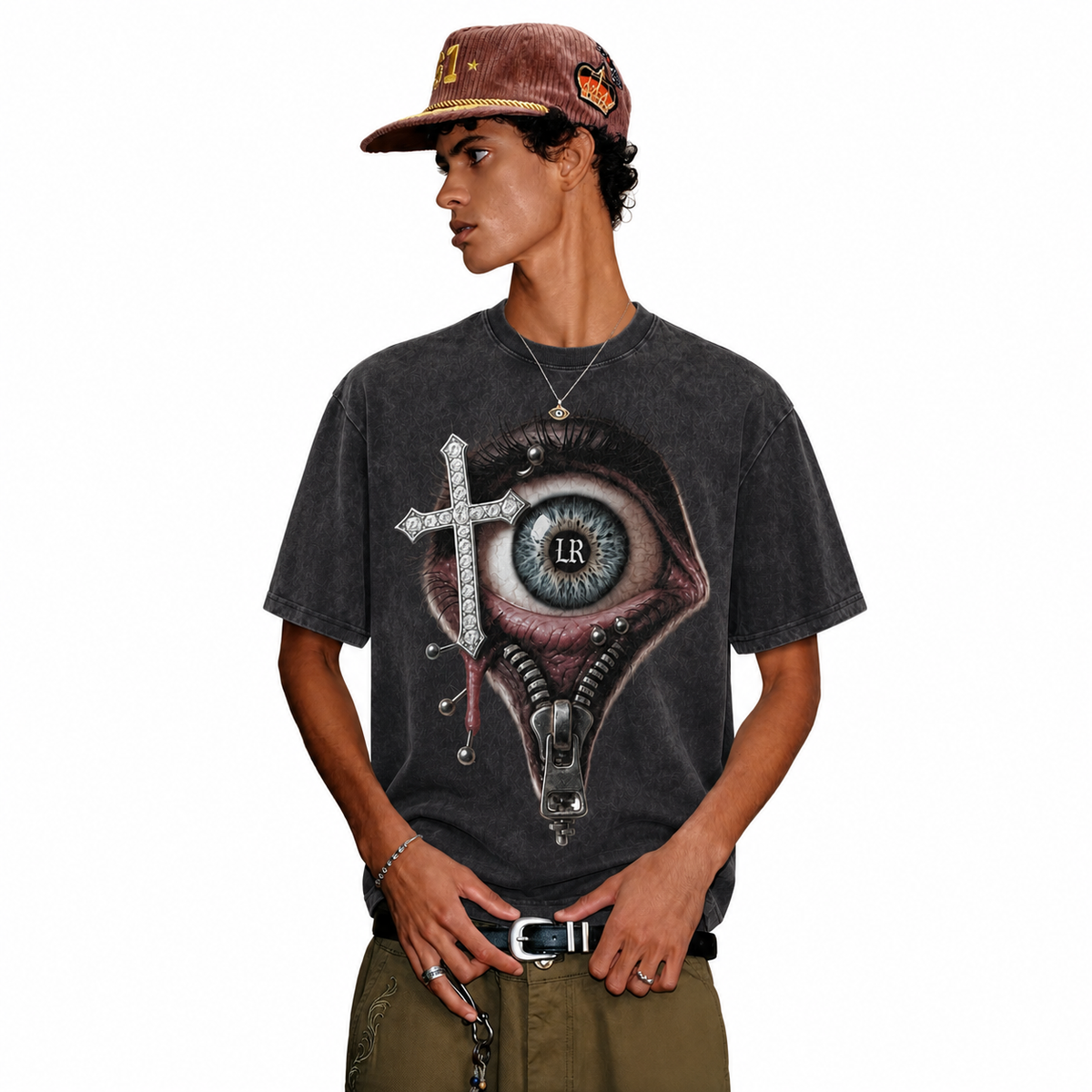 LAWLESSROW Eye Cross Zipper Vintage Acid Wash Tee