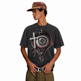 LAWLESSROW Eye Cross Zipper Vintage Acid Wash Tee