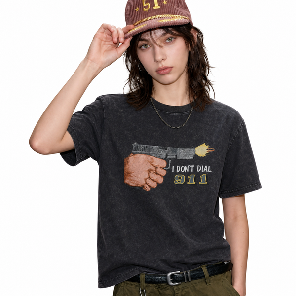 LAWLESSROW I Don’t Dial 911 Vintage Acid Wash Tee - hover