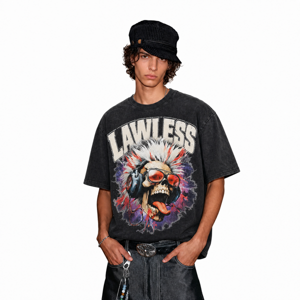 LAWLESSROW Punk Skull Vintage Acid Wash Tee - hover