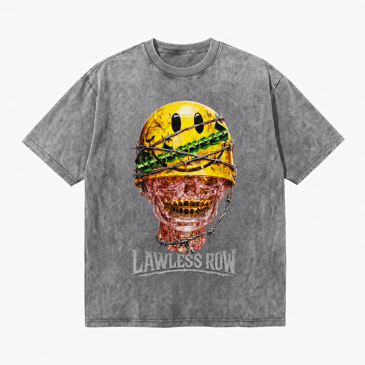 LAWLESS ROW Smiley Helmet Gold Grillz Skull Vintage Washed Tee