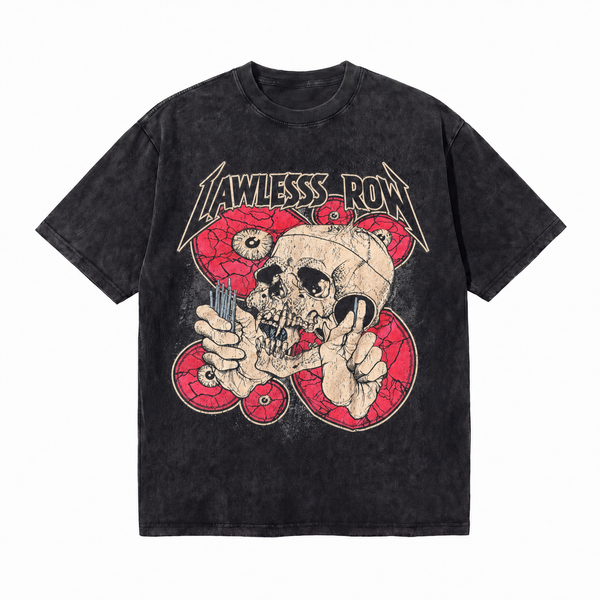 LAWLESS ROW Surreal Eyeball Skull Heavy Metal Vintage Washed Tee
