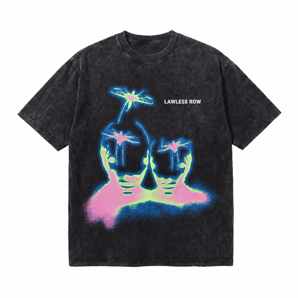 LAWLESS ROW Cyber Neon Dragonfly Silhouette Vintage Washed Tee