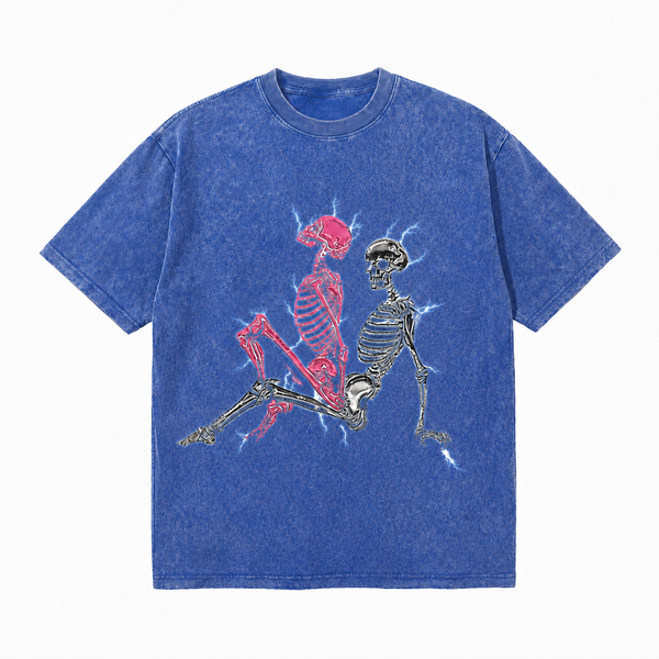 LAWLESS ROW Electric Skeleton Lovers Vintage Washed Blue Tee - hover