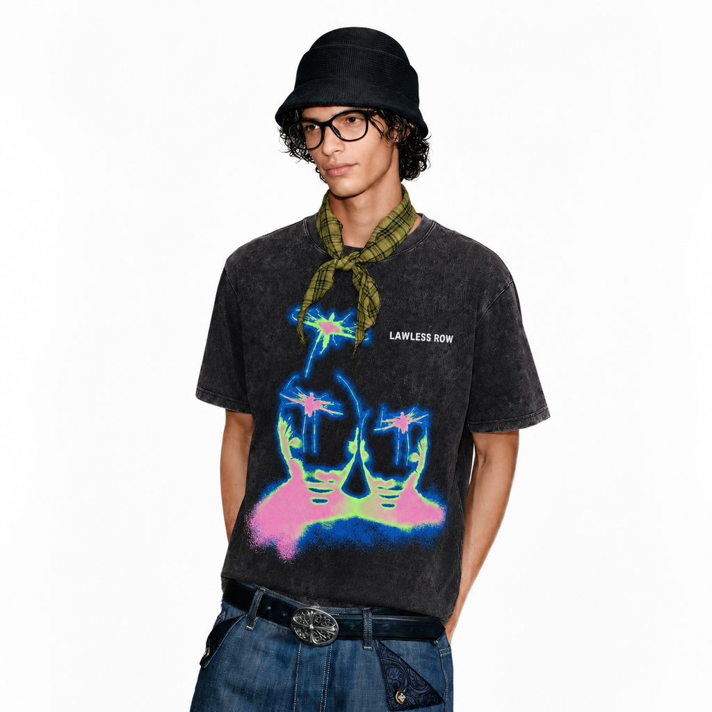 LAWLESS ROW Cyber Neon Dragonfly Silhouette Vintage Washed Tee