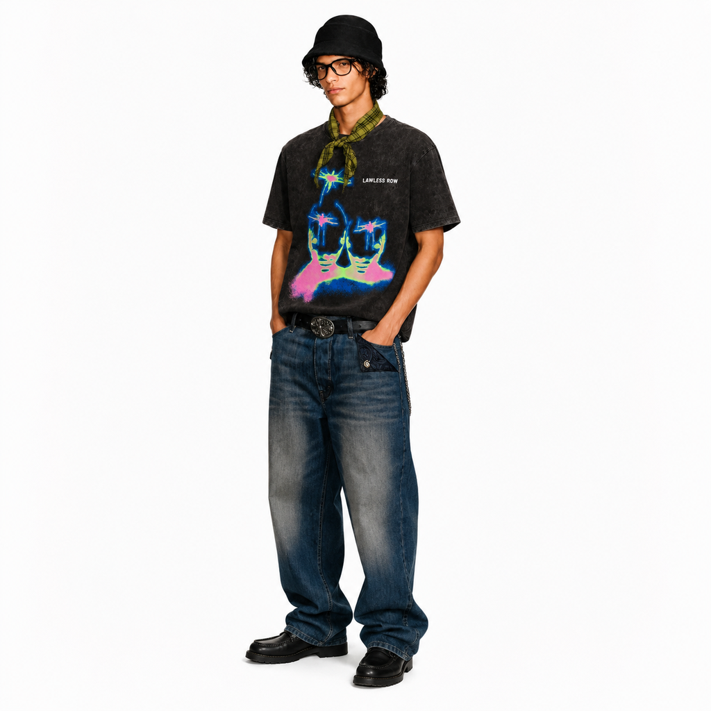 LAWLESS ROW Cyber Neon Dragonfly Silhouette Vintage Washed Tee