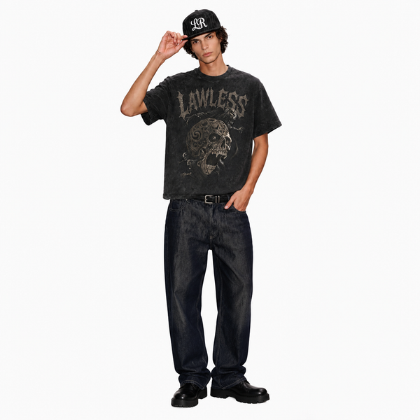 LAWLESS ROW Screaming Gothic Carved Skull Vintage Washed Tee - hover
