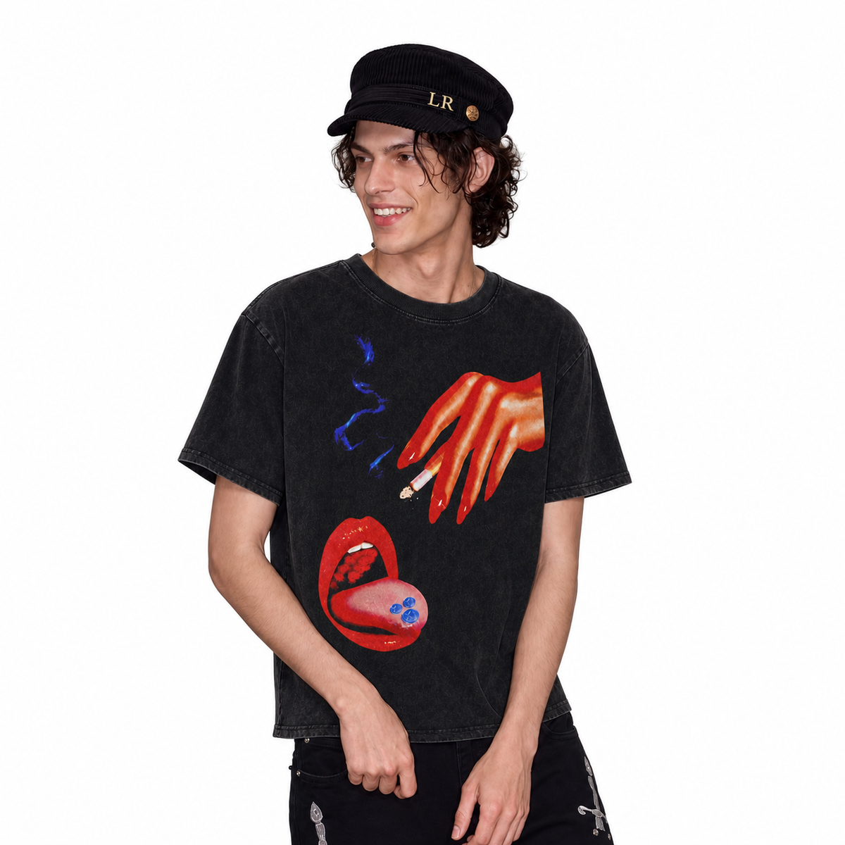 LAWLESS ROW Psychedelic Red Lips Cigarette Vintage Washed Tee