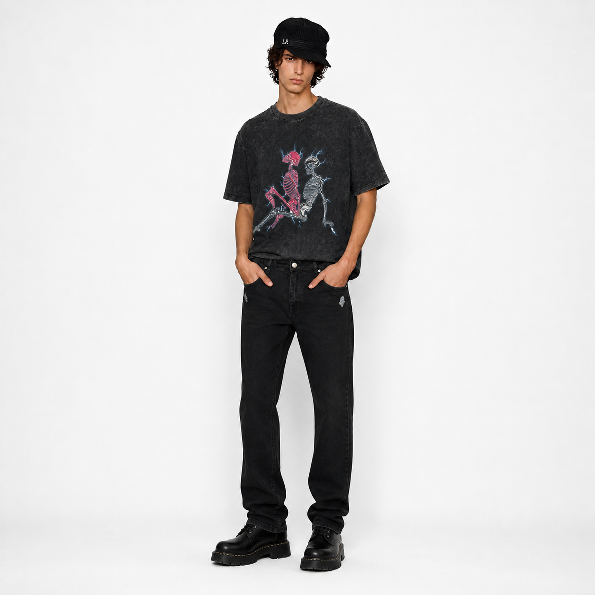 LAWLESS ROW Electric Skeleton Lovers Vintage Washed Blue Tee
