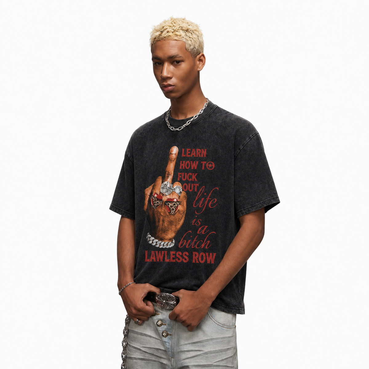 LAWLESS ROW Middle Finger Bling Graphic Vintage Washed Tee