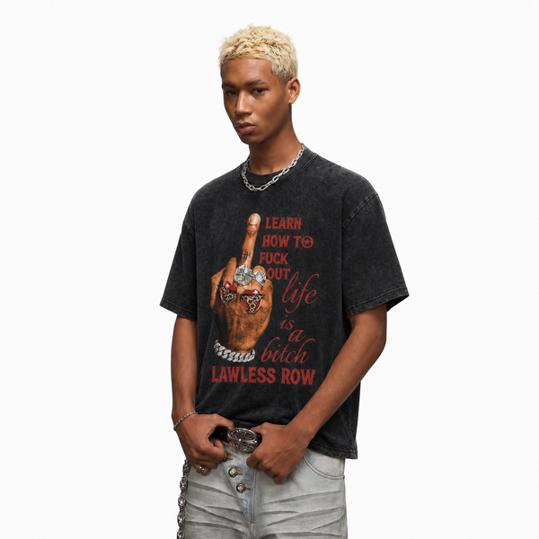 LAWLESS ROW Middle Finger Bling Graphic Vintage Washed Tee - hover