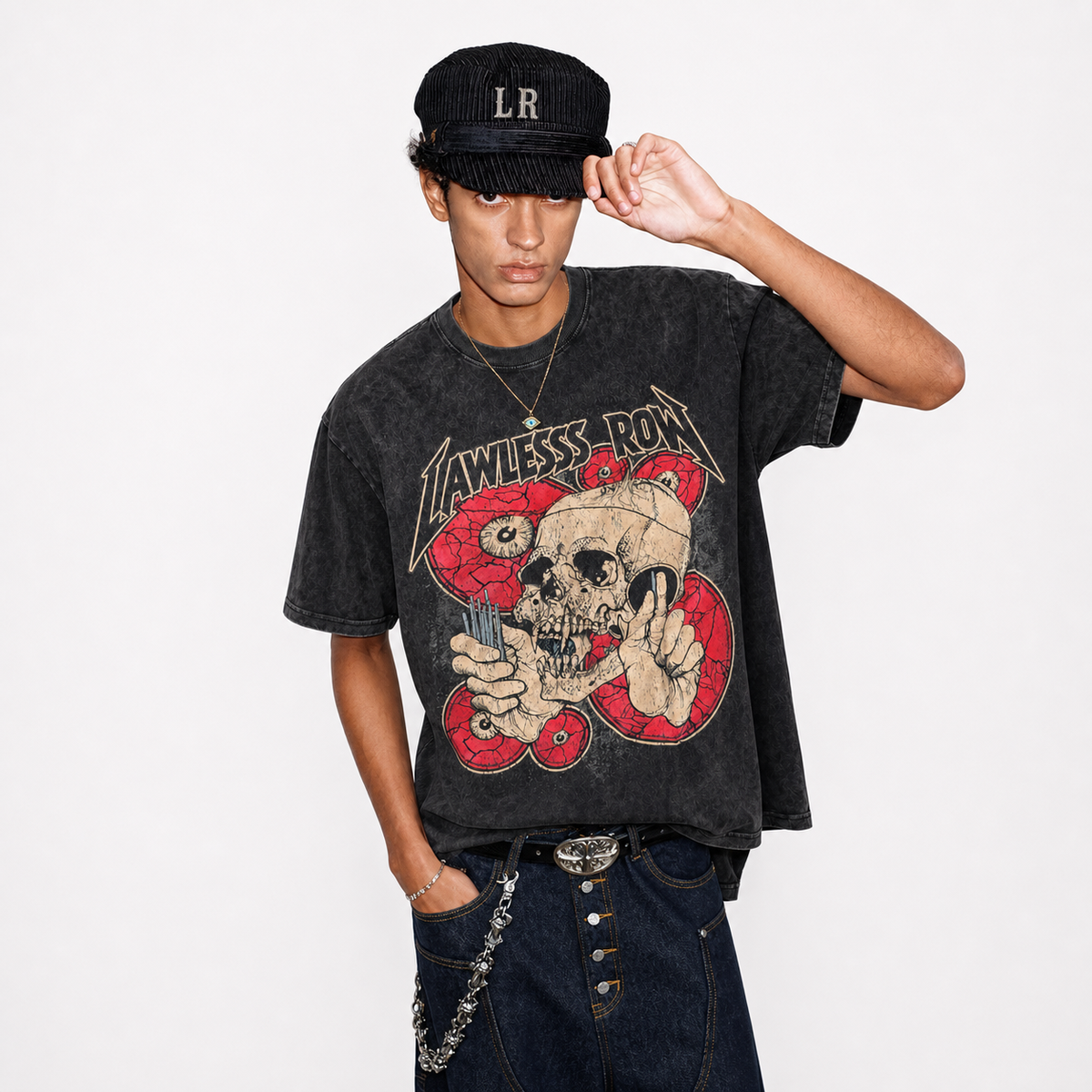 LAWLESS ROW Surreal Eyeball Skull Heavy Metal Vintage Washed Tee