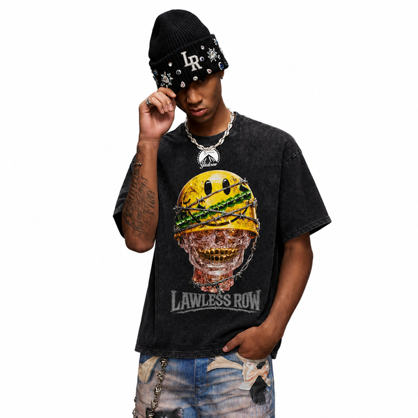 LAWLESS ROW Smiley Helmet Gold Grillz Skull Vintage Washed Tee - hover