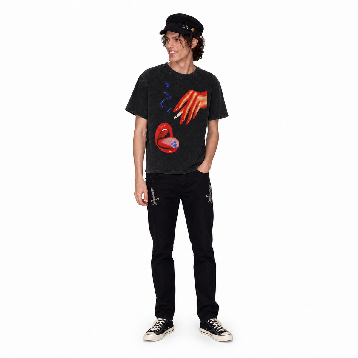 LAWLESS ROW Psychedelic Red Lips Cigarette Vintage Washed Tee