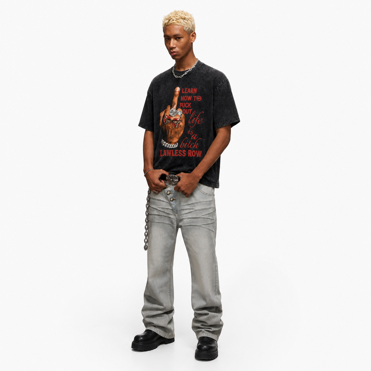 LAWLESS ROW Middle Finger Bling Graphic Vintage Washed Tee
