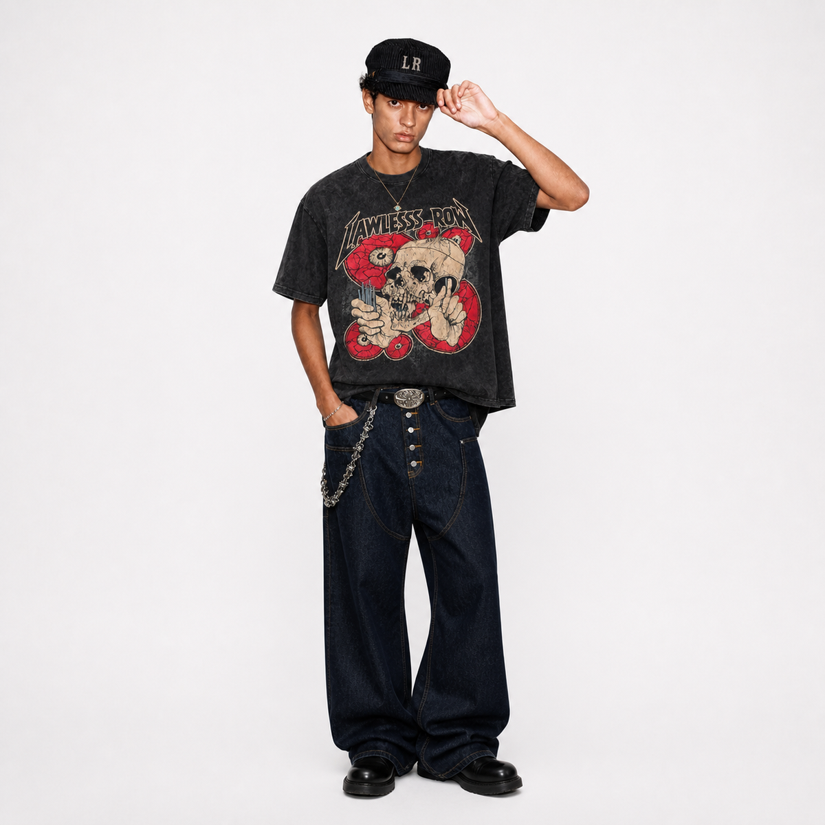 LAWLESS ROW Surreal Eyeball Skull Heavy Metal Vintage Washed Tee