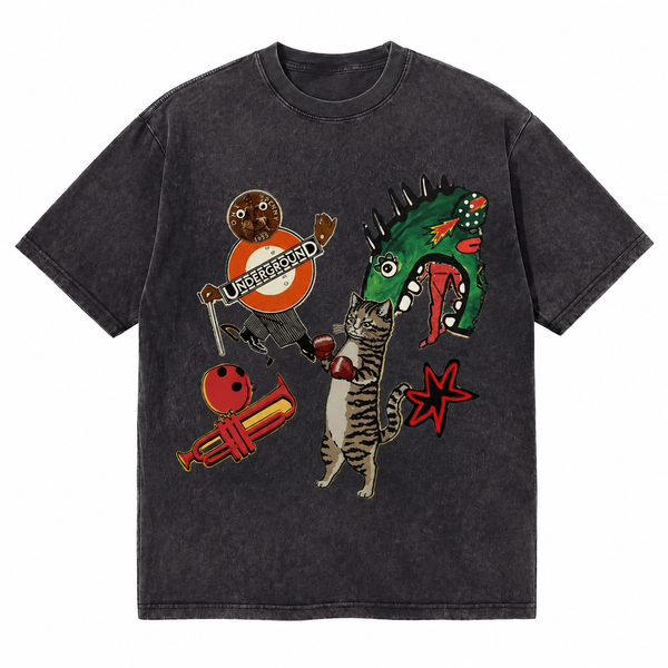 LAWLESS ROW Cat Boxing Dinosaur Vintage Washed Tee