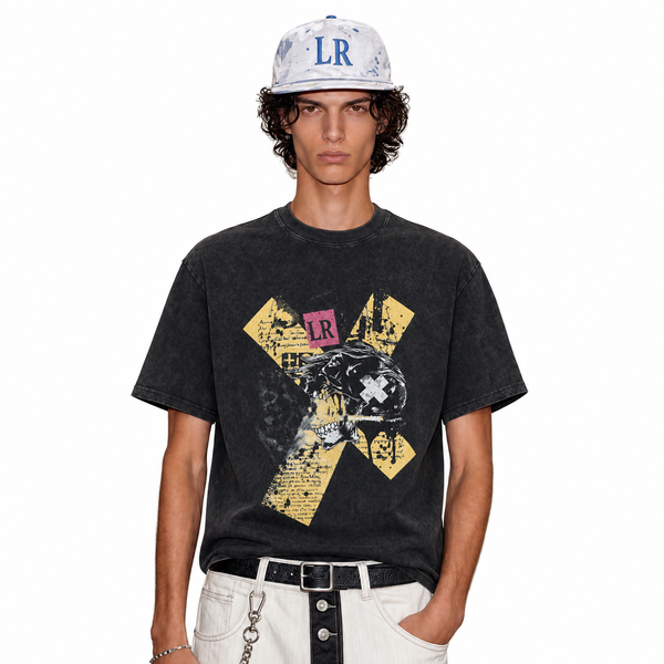LAWLESS ROW Abstract Cross Skull Collage Vintage Washed Tee - hover