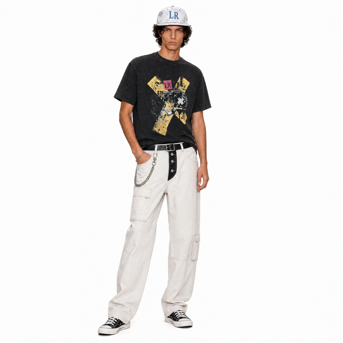 LAWLESS ROW Abstract Cross Skull Collage Vintage Washed Tee