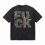 LAWLESS ROW Frayed Burlap Patch Typography Graphic Tee - Unisex Oversized Heavyweight Acid Wash T-Shirt