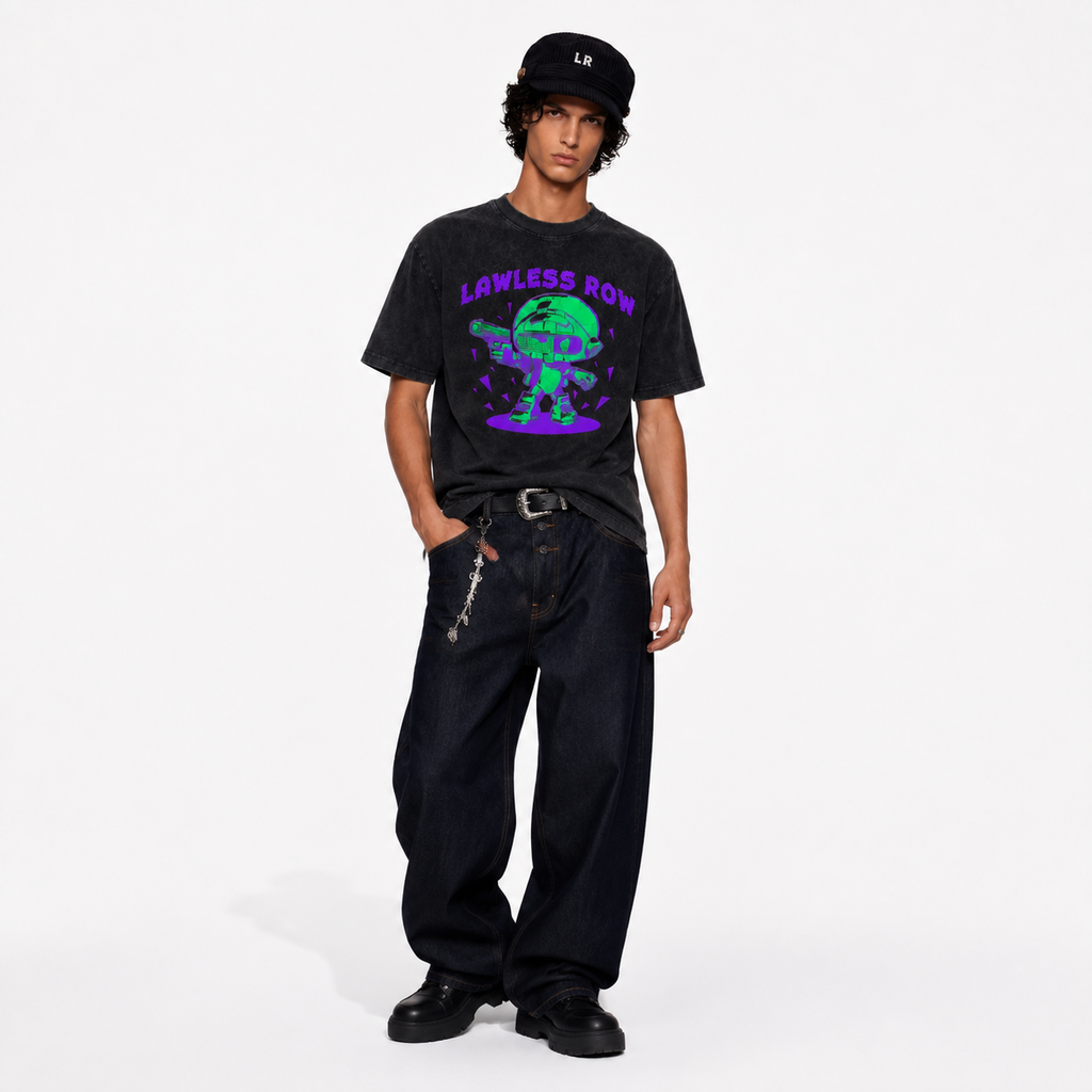 LAWLESS ROW Cyber Mech Neon Graphic Vintage Washed Tee