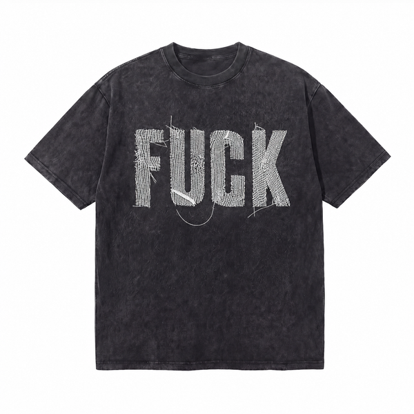 LAWLESS ROW Frayed Burlap Patch Typography Graphic Tee - Unisex Oversized Heavyweight Acid Wash T-Shirt