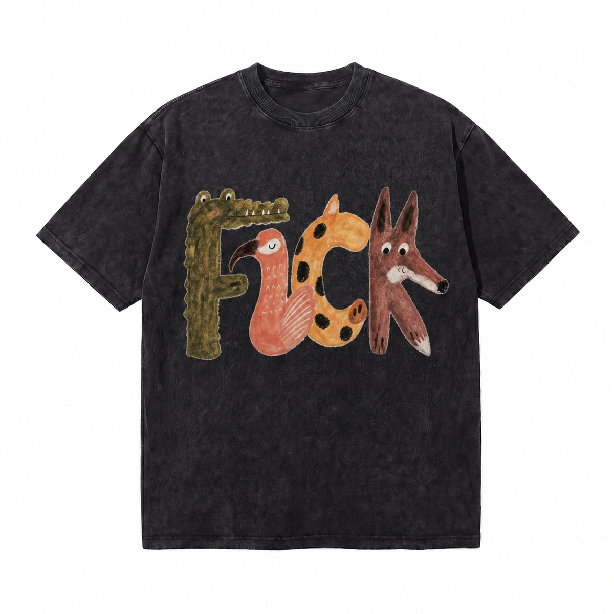 LAWLESS ROW Whimsical Animal Alphabet Typography Graphic Tee - Unisex Oversized Heavyweight Acid Wash T-Shirt