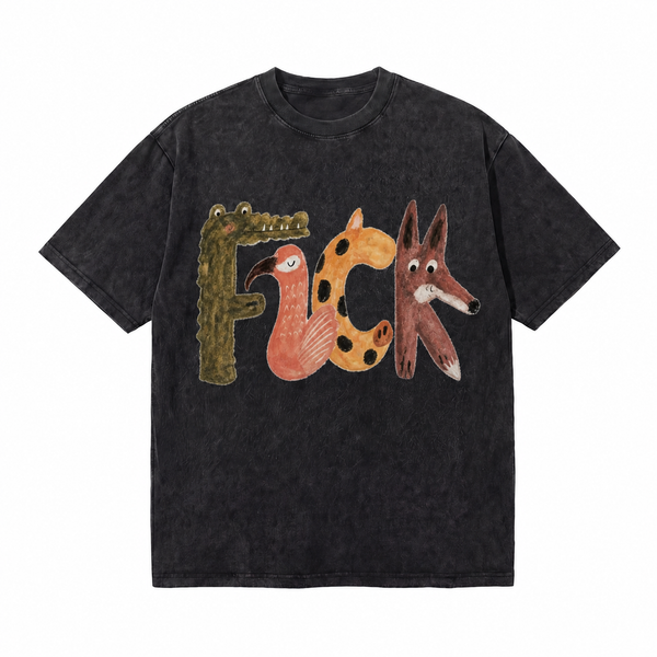 LAWLESS ROW Whimsical Animal Alphabet Typography Graphic Tee - Unisex Oversized Heavyweight Acid Wash T-Shirt