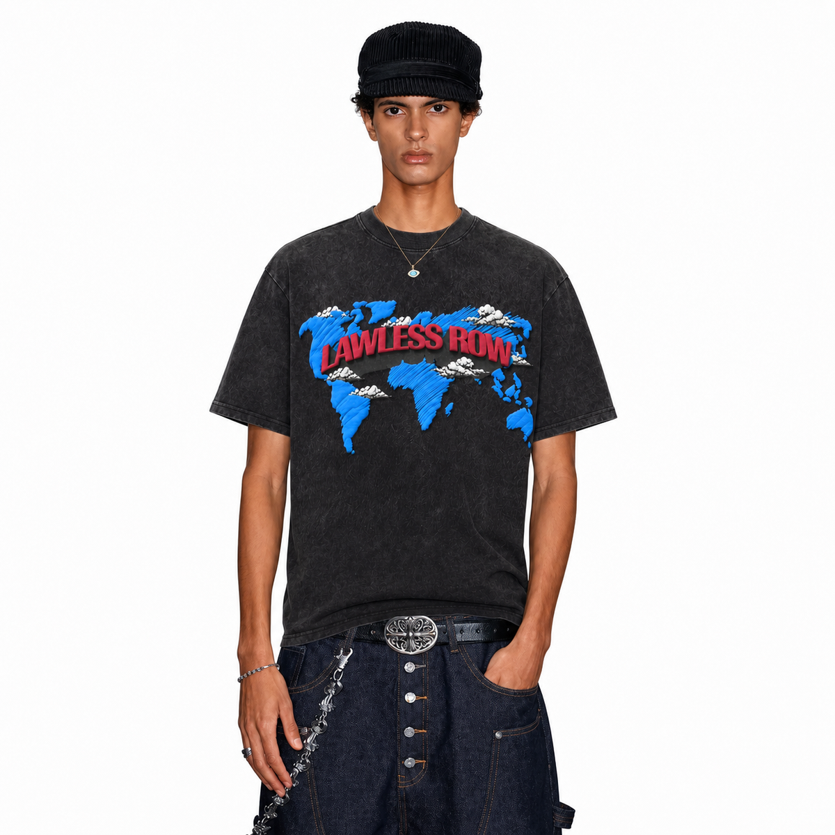 LAWLESS ROW Global World Map 3D Logo Vintage Washed Tee