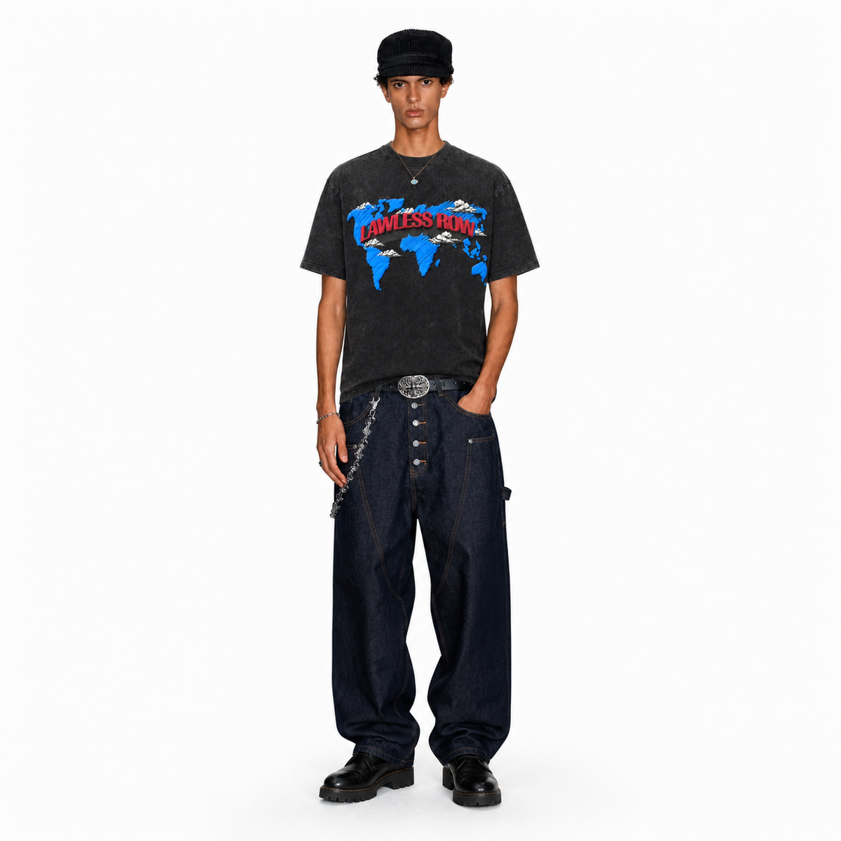 LAWLESS ROW Global World Map 3D Logo Vintage Washed Tee