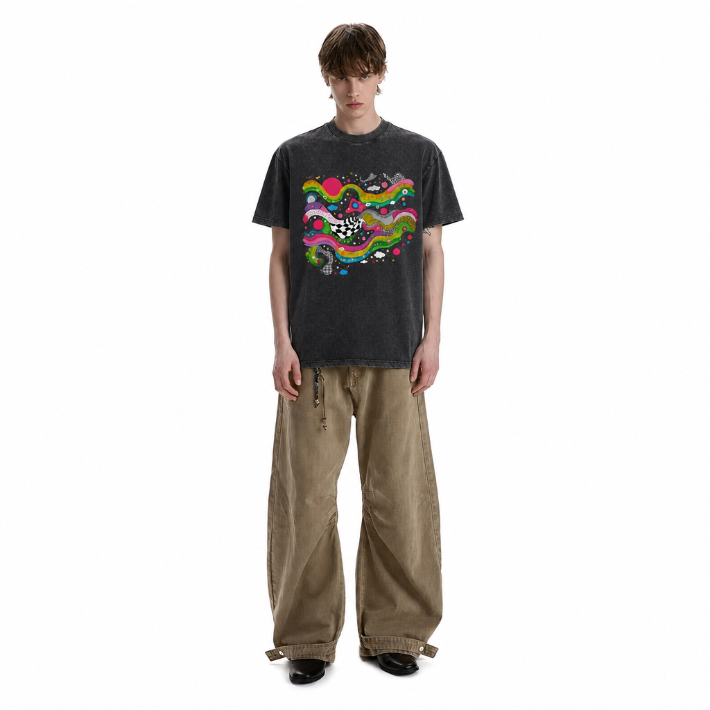 LAWLESS ROW Trippy Rainbow Wave Vintage Washed Tee