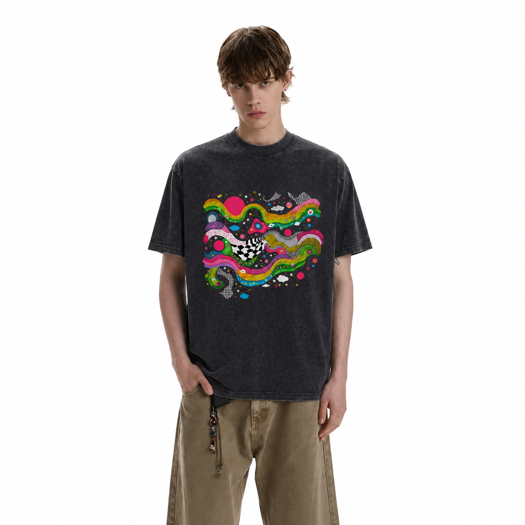 LAWLESS ROW Trippy Rainbow Wave Vintage Washed Tee