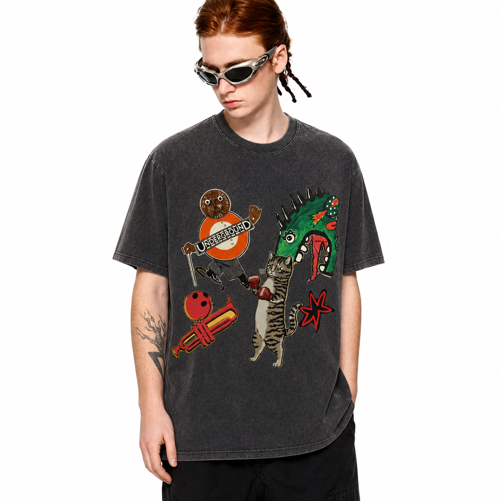 LAWLESS ROW Cat Boxing Dinosaur Vintage Washed Tee