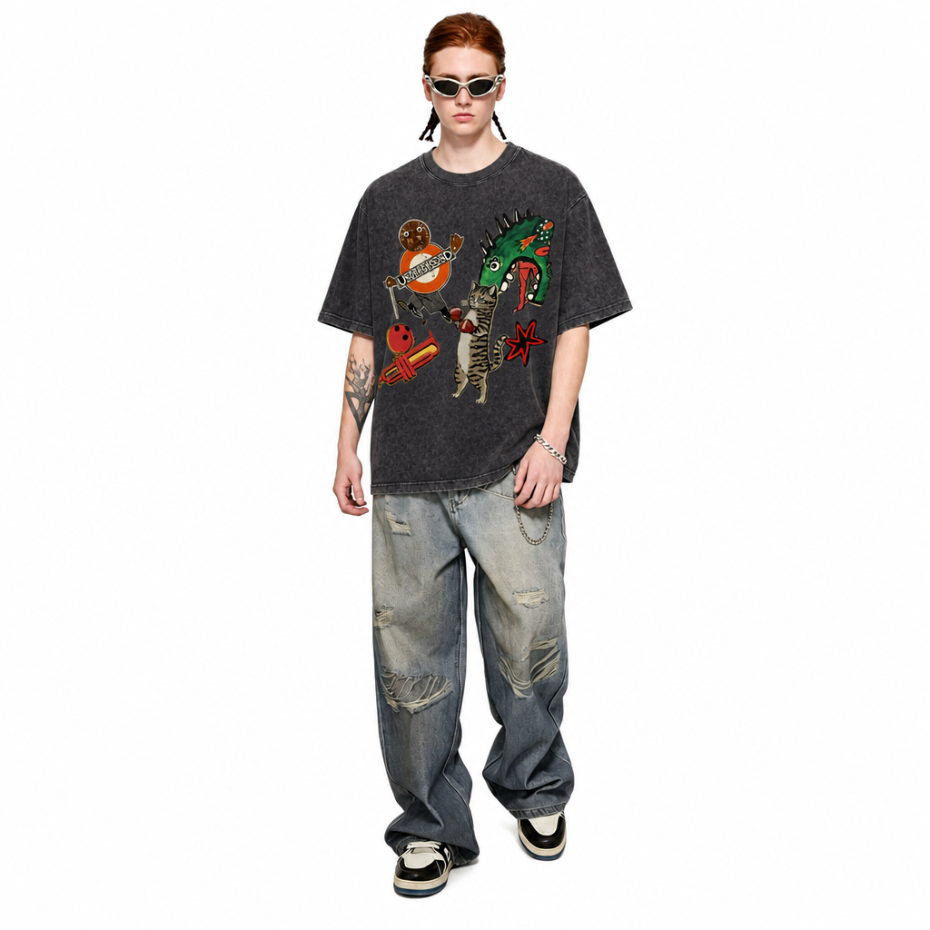 LAWLESS ROW Cat Boxing Dinosaur Vintage Washed Tee